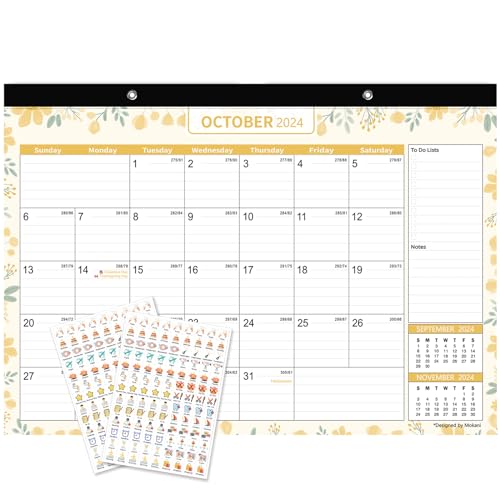 MOKANI Desk Calendar 2024-2025, Mokani Large Monthly Wall Calendar from Jul.2024 to Dec.2025 with Plastic Cover: 17"x12", 18 Months Academic Year Desk Pad Calendars with Planner Stickers