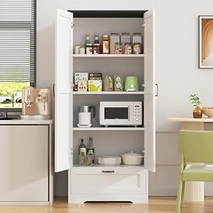 Shintenchi Kitchen Pantry Cabinet, Freestanding Farmhouse Storage Cabinet with 4 Shelves and 1 Drawer, Tall Cupboard for Kitchen, Living Room, Dining Room and Bathroom, White Shintenchi Kitchen Pantry Cabinet Freestanding Farmhouse Storage Cabinet with 4 Shelves and 1 Drawer Tall Cupboard for Kitchen Living Room Dining Room and Bathroom White