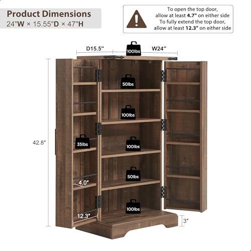 47-Kitchen-Pantry-Farmhouse-Storage-Cabinet-with-Barn-Doors-Organizer-and-Adjustable-Shelves-Rustic-Wood-Cupboard-for-Kitchen-Dining-Room-Bathroom-and-Hallway-Rustic-Brown 47 Kitchen Pantry Farmhouse Storage Cabinet with Barn Doors Organizer and Adjustable Shelves Rustic Wood Cupboard for Kitchen Dining Room Bathroom and Hallway Rustic Brown