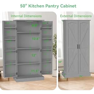 50 LED Kitchen Pantry Cabinet Farmhouse Storage Cabinet Wood Food Pantry with Barn Doors and Adjustable Shelves Freestanding Buffet Cupboards Sideboard for Kitchen Modern Gray