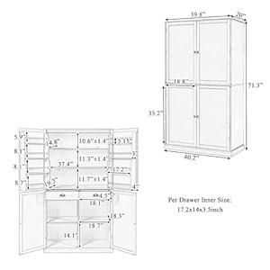 Merax Tall Kitchen Storage Cabinet Pantry Farmhouse Freestanding Large Cupboard with 2 Drawers,2 Adjustable Shelves,8 Shelf for Dining Room,White, 71.3"(w Door) Merax Tall Kitchen Storage Cabinet Pantry Farmhouse Freestanding Large Cupboard with 2 Drawers2 Adjustable Shelves8 Shelf for Dining RoomWhite 713w Door