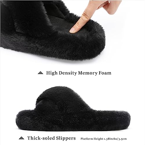 Chantomoo Women's Blue Memory Foam Faux Fur Lined Open Toe Slippers for Women - US 12 - Image 3