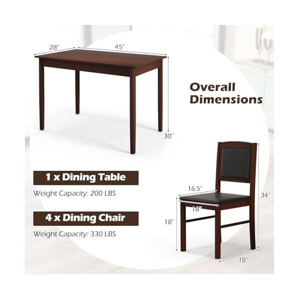   POWERSTONE-Farmhouse-Wood-Dining-Table-Set-for-4-Space-Saving-Kitchen-Table-4-Chairs-Paded-PU-Leather-Rectangular-5-Piece-Dining-Table-Set-4-Rubberwood-Legs-Chairs-for-Kitchen-Indoor-Dinner-Brown