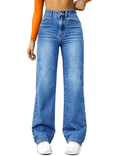FUNUCA Straight Leg Jeans for Women,High Waisted Wide Leg Loose Microelastic Boyfriend Denim Pants Blue