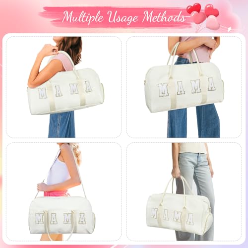 Mama Hospital Bag for Women Labor and Delivery Nylon Chenille Letter Embroidered Duffle Overnight Weekender Bag with Shoes Compartment and Mothers Day Gifts Pink - Image 7