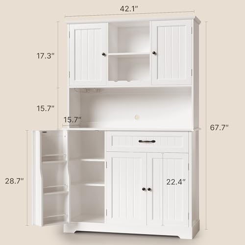 Gizoon-67-Kitchen-Pantry-Cabinet-with-Microwave-Shelf-Tall-Coffee-Bar-Cabinet-with-Doors-and-Shelves-Farmhouse-Kitchen-Hutch-Cabinet-with-Storage-for-Kitchen-Bathroom-and-Living-Room-White Gizoon 67 Kitchen Pantry Cabinet with Microwave Shelf Tall Coffee Bar Cabinet with Doors and Shelves Farmhouse Kitchen Hutch Cabinet with Storage for Kitchen Bathroom and Living Room White