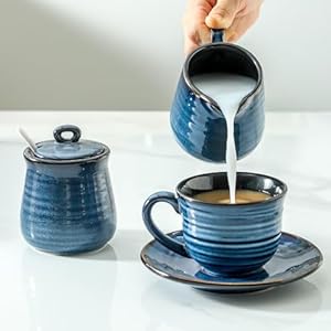 Glowworm Porcelain Sugar and Creamer Set 11 Ounce Sugar Container 10 Ounce Cream Pitcher Farmhouse Coffee Sets for Serving Dishwasher Safe Blue