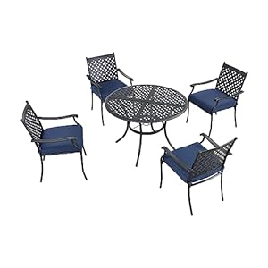 Festival Depot 5 Piece Patio Dining Set Metal Chairs with Seat Cushions and Round Iron Table with Umbrella Hole All Weather Outdoor Furniture for Bistro Deck Garden (Blue) Festival Depot 5 Piece Patio Dining Set Metal Chairs with Seat Cushions and Round Iron Table with Umbrella Hole All Weather Outdoor Furniture for Bistro Deck Garden Blue