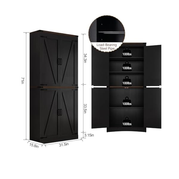   71-Tall-Kitchen-PantryFarmhouse-Storage-Cabinet-with-Adjustable-ShelvesLoad-Bearing-Steel-PipeFarmhouse-Pantry-Cabinet-with-4-Barn-Doorsfor-KitchenDining-RoomLiving-RoomBlack