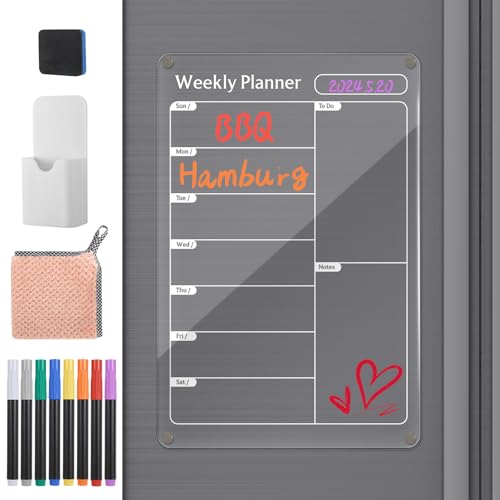 Meng Jiaran Magnetic Fridge Planner, Acrylic Weekly Planner Fridge Calendar Whiteboard ard with Magnetic Dry Erase Board,8 Markers,Pen Holder&Cloth for Meal Planner Shopping List Memo Reminders