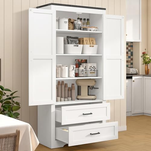 usikey-71-H-Pantry-Cabinet-Farmhouse-Tall-Storage-Cabinet-with-2-Drawers-3-Shelves-Kitchen-Storage-Cabinet-Wood-Cupboard-for-Dining-Room-Living-Room-White usikey 71 H Pantry Cabinet Farmhouse Tall Storage Cabinet with 2 Drawers 3 Shelves Kitchen Storage Cabinet Wood Cupboard for Dining Room Living Room White