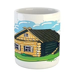 Lunarable Countryside Mug Mountain Cottage Russian Hut Wooden Cartoon House Farmhouse by Pines Ceramic Coffee Mug Cup for Water Tea Drinks 11 oz Earth Yellow Green