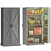 50 LED Kitchen Pantry Cabinet Farmhouse Storage Cabinet Wood Food Pantry with Barn Doors and Adjustable Shelves Freestanding Buffet Cupboards Sideboard for Kitchen Modern Gray