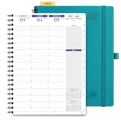 POPRUN Agenda 2024 2025 Semainier Spirale Scolaire A4 en Français - Intervalles de 15 minutes, Onglets Mensuels, Papier 100 g/m², Boîte Cadeau - Grand Format 28,5 x 22,2 cm, Pacifique Vert