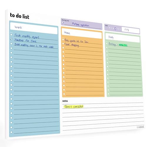 A4 To Do List Pad – 52 sheet Daily todo planner – 3 section undated desk organiser by Noted – 29x21cm - for work tasks, study revision and home planning – colourful 100gsm paper