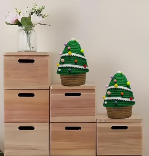 SINGLIN Christmas Tree Woven Basket with Lid and Pom-Poms