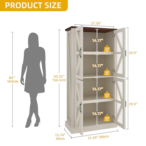 DWVO-66-Kitchen-Pantry-Cabinet-with-Glass-Doors-4-Shelves-Freestanding-Kitchen-Hunch-Tall-Food-Pantry-for-Living-Room-Dining-Room-and-Kitchen-White DWVO 66 Kitchen Pantry Cabinet with Glass Doors 4 Shelves Freestanding Kitchen Hunch Tall Food Pantry for Living Room Dining Room and Kitchen White