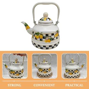 HEMOTON Tea Kettle for Stove Top Enamel on Steel Teakettle with Folding Handle 1 Quart Housewares Lemon and Checkered Pattern Teapot Water Kettle