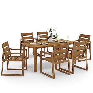 Patio Furniture Dining Set 7 Piece HDPS Teak Color Oil Printed All Weather Outdoor Table and Chairs Modern Design Low Maintenance Easy to Assemble