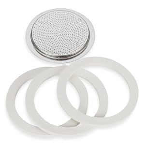 Bialetti 2 Packs of 06961 total of SIX replacement gaskets and TWO Bialetti replacement filter plates For 6 CUP Bialetti Moka Express Dama Break Moka Easy Dama Easy 6 CUP
