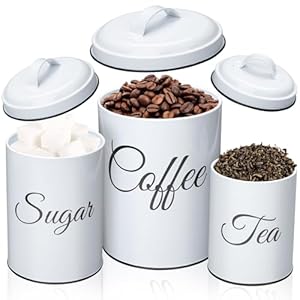 Kitchen Canisters Set of 3 Rustic Farmhouse Food Storage Containers with Airtight Lids Metal Vintage Tea Coffee Sugar Canister Set Country White Canisters Set for Countertop