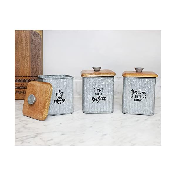   AuldHome-Design-Farmhouse-Galvanized-Canisters-Set-of-3-Storage-Containers-for-Coffee-Tea-and-Sugar-in-Galvanized-Iron-and-Wood-Design