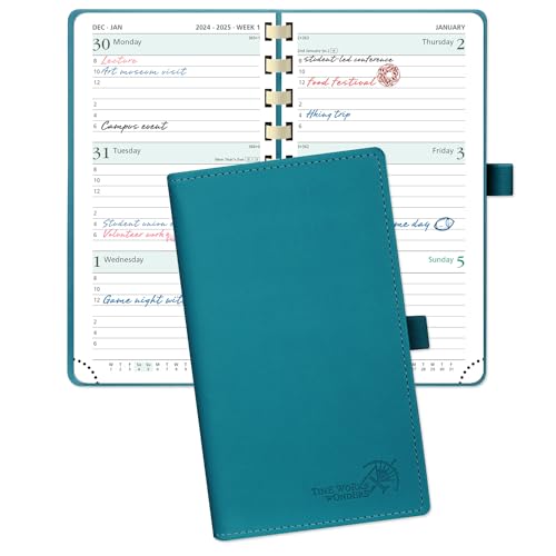 POPRUN Academic Pocket Diary 2024-2025 Slim (16.5x9 cm) Week to View Spiral 17 Months (Aug'24 - Dec'25) Small Diary,Mid Year Weekly Planner PU Leather Cover (Pacific Green)