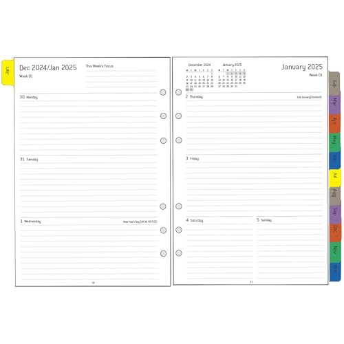 2025 Diary Refill A5 Size, Weekly & Monthly Planner Inserts for A5 Binder, 1 Week on 2 Page with Tabs, Extra Budget, Notes, Contact, UK Holidays, Thicker Paper 100 & 140 gsm, Jan-Dec 2025