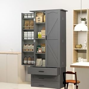 72 LED Kitchen Pantry Cabinet with 3 Drawers Farmhouse Tall Storage Cabinet Wood Food Pantry with Barn Doors and Adjustable Shelves Versatile Storage Freestanding Cupboard for Kitchen