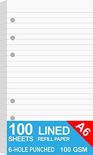 Refills Paper - A6 Lined Paper for Filofax Personal Binder Planner, White 100gsm Ruled Pages, 6 Hole Punched, 100 Sheets/200 Pages, 9.5 x 17.1cm