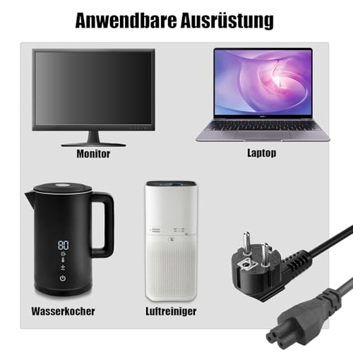 Powice 2 Stück Stromkabel,Steckertyp F 90° auf C5-Stecker Netzkabel,Netzkabel 3 polig 1m,Kaltgerätekabel für Laptops,Schwarz – Bild 6