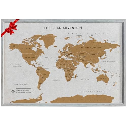 Splosh Travel Map - XL Desk World Map Pin Board in Grey, Wooden Frame. World Map Cork Board with 100 Pins in 2 Colours to Mark Your Past and Future Adventures Framed World Maps for Desks.