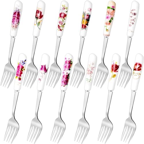 12Pcs Stainless Steel Floral Forks with Ceramic Handles