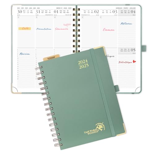 POPRUN Agenda 2024 2025 Semainier 21 x 16,5cm, Planner Vertical Scolaire 17 Mois D'août 2024 à déc 2025 avec Couverture Rigide Spirale, Poche intérieur, Papier Certifié FSC®80 g/m² - Vert Minuit