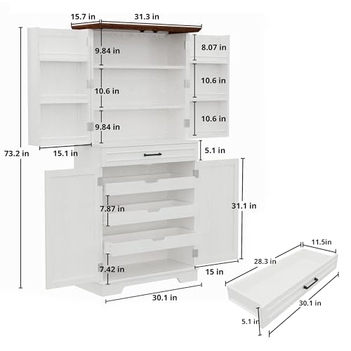 IRONCK-Farmhouse-Kitchen-Pantry-Cabinet-72-Height-Tall-Freestanding-Cupboard-with-Sliding-Storage-Rack-and-6-Hanging-Shelves-for-Kitchen-Dining-Room-White IRONCK Farmhouse Kitchen Pantry Cabinet 72 Height Tall Freestanding Cupboard with Sliding Storage Rack and 6 Hanging Shelves for Kitchen Dining Room White