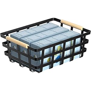 2 Pack X Large Wire Metal Baskets Thick functional Storage Organizer Farmhouse fruit Bin with Wood Handles for Pantry Cabinets Rustic Kitchen Counter Closet Under Sink Entryway Black Upgraded