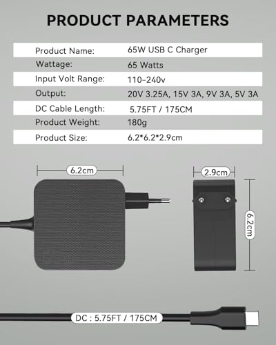 65W USB C Laptop Netzteil Ladegerät für Lenovo Thinkpad Yoga, Asus ZenBook Vivobook, Dell Inspiron Latitude, Acer Swift Chromebook, HP EliteBook ProBook, Huawei Matebook 20V 3,25A Type C Ladekabel – Bild 5