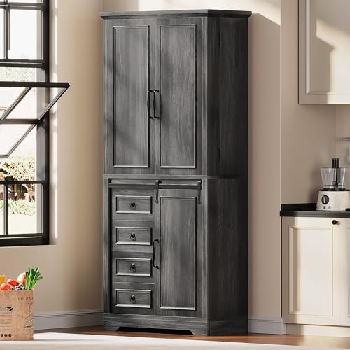 YITAHOME-71-Kitchen-Pantry-Tall-Farmhouse-Storage-Cabinet-with-Drawer-Organizer-Barn-Doors-and-Adjustable-Shelves-for-Kitchen-Dining-Room-Living-Room-Grey-Rustic-Oak YITAHOME 71 Kitchen Pantry Tall Farmhouse Storage Cabinet with Drawer Organizer Barn Doors and Adjustable Shelves for Kitchen Dining Room Living Room Grey Rustic Oak