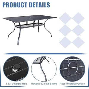 Incbruce 7 Pcs Outdoor Dining Set Wrought Iron Patio Dining Set Dining Furniture Set 6 Dining Chair and 1 Rectangular Table with 157 Umbrella Hole for GardenBackyardMetal Tabletop