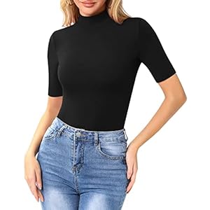 MANGOPOP Women’s Mock Turtle Neck Slim Fit Half Elbow Short 3/4 Short Long Sleeve T Shirts Tight Tops Tee