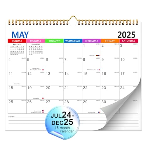 Wall Calendar 18 Month from Jul. 2024 to Dec. 2025, Month to View Calendar 2024-2025, Large Calendar 12" x 15" with Festival Labeling, Perfect for Family, School, and Office. Calendar to Hook on Wall