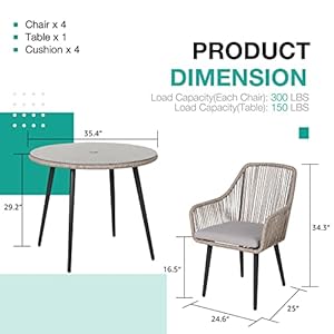 Patiorama 5 Piece Patio Dining Set Outdoor Dining Table Chair Set All Weather Twisted Rattan Wicker Rope Conversation Set Patio Furniture Set wUmbrella Hole 4 Cushioned ChairsGlass TableTan