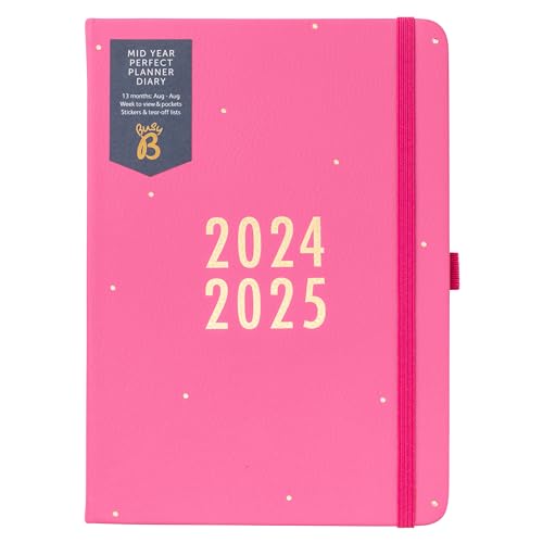 Busy B Mid Year Perfect Planner Diary August 2024 - August 2025 - Pink Faux Leather A5 Week to View Academic Planner with Stickers, Pen Holder and List Pad. FSC® Certified