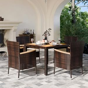   JAMFLY-5-Pieces-Outdoor-Patio-Dining-Set-Wicker-Patio-Furniture-Set-with-Wood-Table-and-4-Chairs-with-Soft-Cushions-for-Yard-Garden-Porch-and-Poolside-Brown