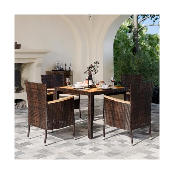   JAMFLY-5-Pieces-Outdoor-Patio-Dining-Set-Wicker-Patio-Furniture-Set-with-Wood-Table-and-4-Chairs-with-Soft-Cushions-for-Yard-Garden-Porch-and-Poolside-Brown