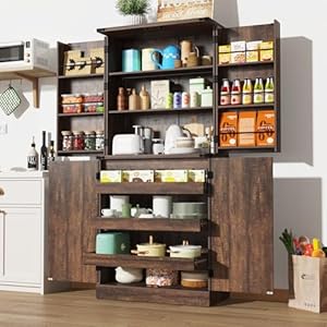 Farmhouse Kitchen Pantry Cabinet with 3 Drawers,71" Tall Rustic Wood Storage Cabinet with 6 Door Shelves,with Load-Bearing Steel Pipe,Pantry Organizers for Kitchen,Dining Room(Brown) Farmhouse Kitchen Pantry Cabinet with 3 Drawers71 Tall Rustic Wood Storage Cabinet with 6 Door Shelveswith Load Bearing Steel PipePantry Organizers for KitchenDining RoomBrown
