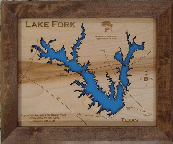 Lake Fork Texas Framed Wood Map with Custom Text