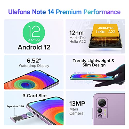 Ulefone Smartphone ohne vertrag, Note 14 Pro 64GB+8GB /128GB Erweiterbar Handy Günstig 4500mAh 6,52 Zoll Bildschirm 13MP+5MP Kamera Android 12 4G Dual SIM 3 Karte Slots Face ID GPS OTG Type-C-Violett – Bild 3