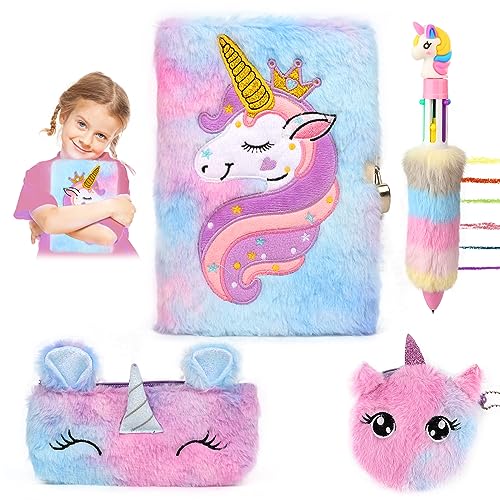 VFANDV Journal Intime Fille avec Cadenas, Ensemble de Cahier de Licorne en Peluche et Un Stylo Multicolore, Agenda Secret pour Fille avec Cadenas, Cadeau de Noël Licorne Fille 3-9 Ans (Violet)