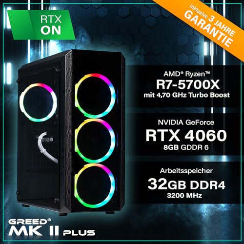 Greed® MK2 Plus - High End Gaming PC - AMD Ryzen 7 5700X + Nvidia Geforce RTX 4060 8 GB - Schneller RGB Computer + 4K Raytracing Rechner mit 4,6 GHZ - 32 GB DDR4 RAM - 1TB SSD - WLAN + W11 Pro – Bild 4
